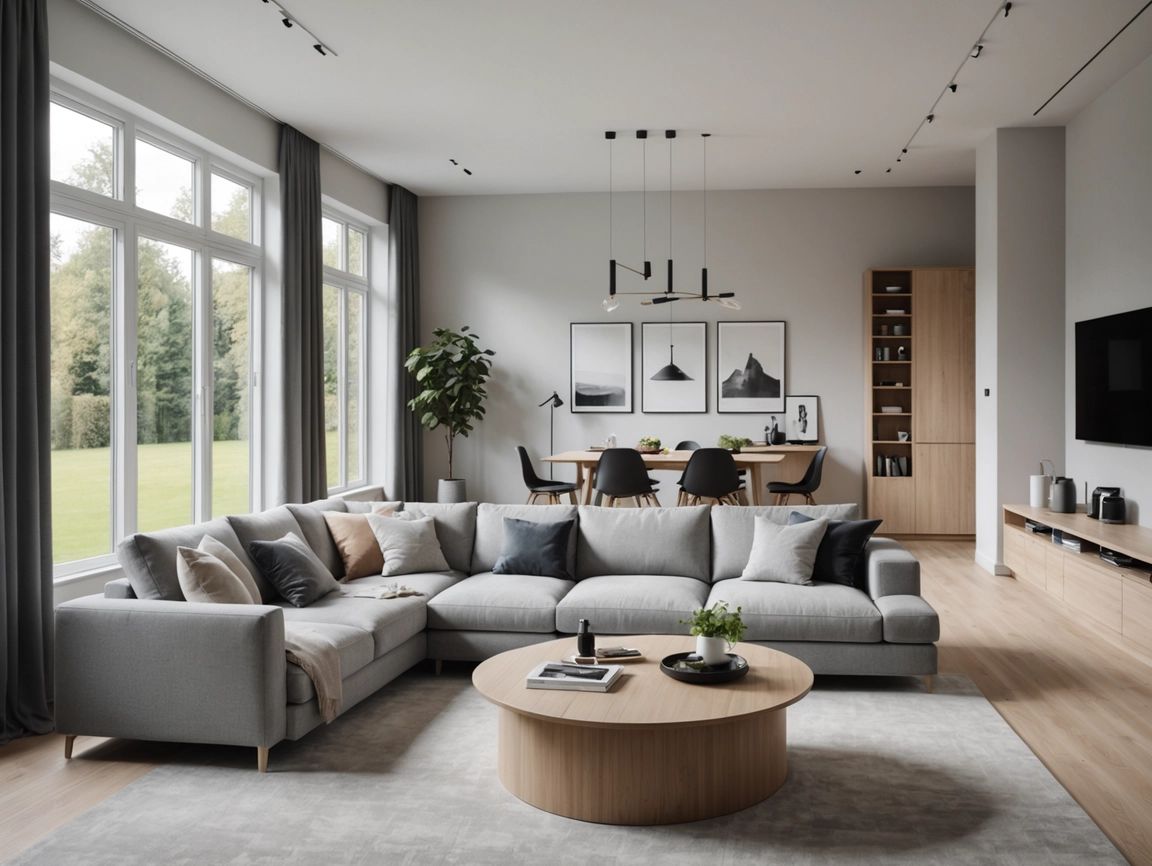 Modernes Wohnzimmer mit Schienenbeleuchtung, grauem Sofa und Terrassenfenstern